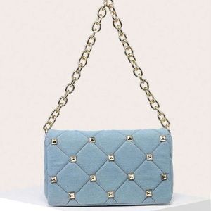 Denim Studded Quilted Shoulder Bag